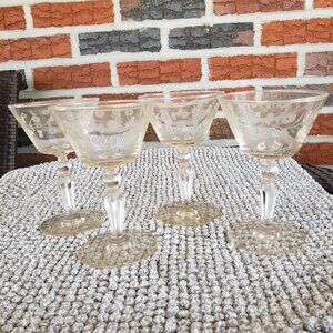 Set of 4  Vintage Etched Wine/Sherbet Glasses